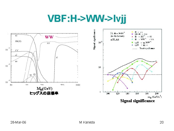VBF: H->WW->lvjj WW MH(Ge. V) ヒッグスの崩壊率 Signal significance 28 -Mar-06 M Kaneda 20 