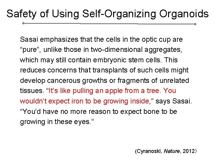 Safety of Using Self-Organizing Organoids Sasai emphasizes that the cells in the optic cup