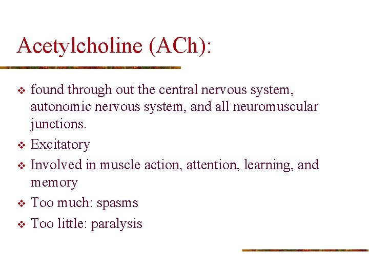 Acetylcholine (ACh): v v v found through out the central nervous system, autonomic nervous