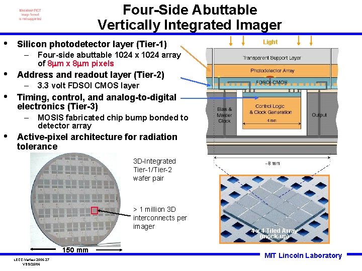 Four-Side Abuttable Vertically Integrated Imager • Silicon photodetector layer (Tier-1) – • • Four-side