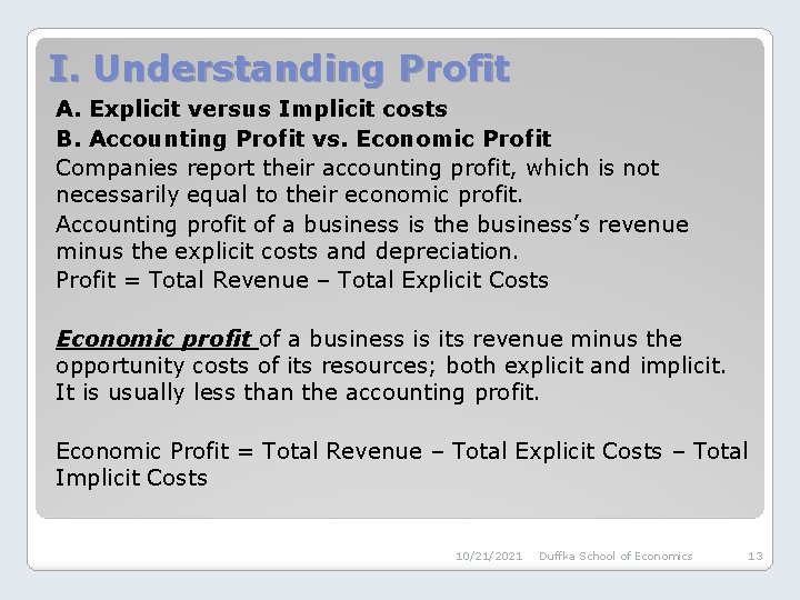 I. Understanding Profit A. Explicit versus Implicit costs B. Accounting Profit vs. Economic Profit