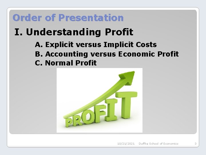 Order of Presentation I. Understanding Profit A. Explicit versus Implicit Costs B. Accounting versus