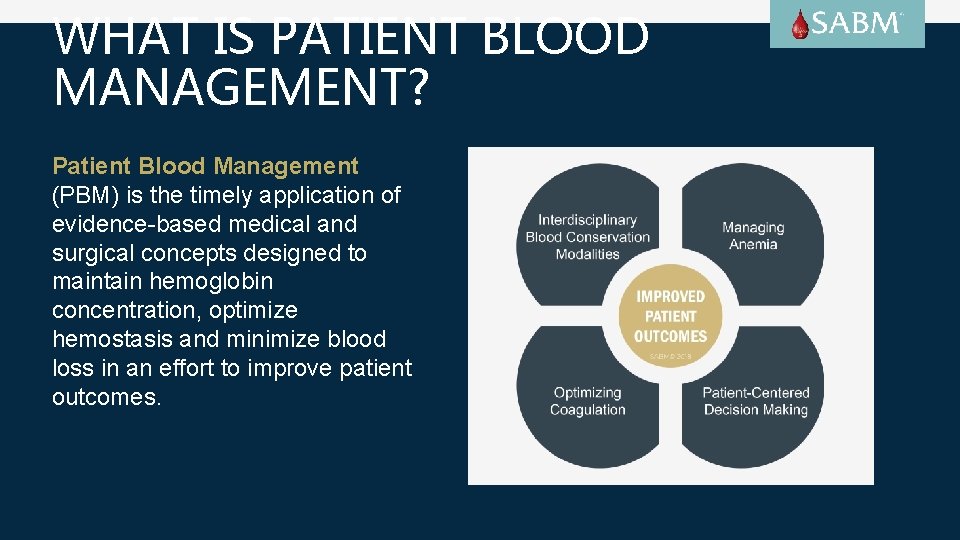 WHAT IS PATIENT BLOOD MANAGEMENT? Patient Blood Management (PBM) is the timely application of