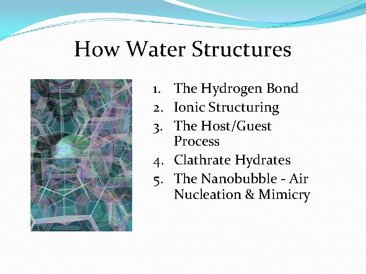 How Water Structures 1. The Hydrogen Bond 2. Ionic Structuring 3. The Host/Guest Process
