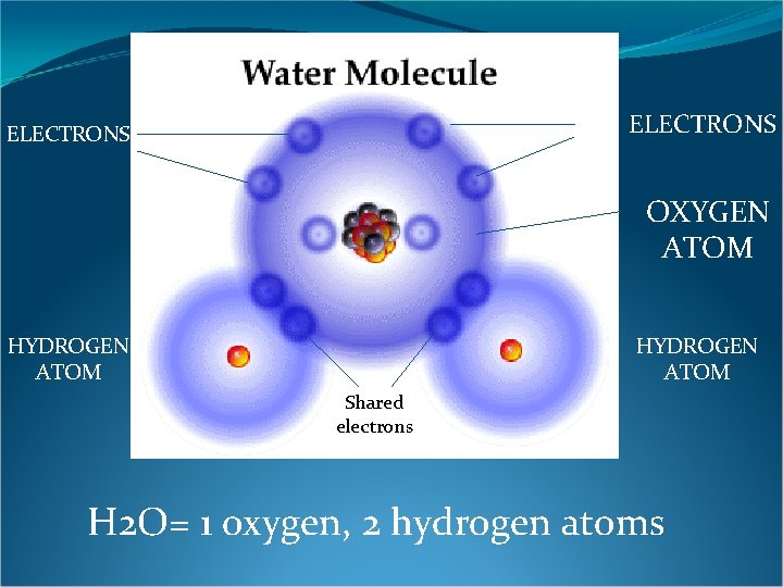 ELECTRONS OXYGEN ATOM HYDROGEN ATOM Shared electrons H 2 O= 1 oxygen, 2 hydrogen