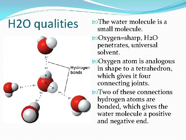H 2 O qualities The water molecule is a small molecule. Oxygen=sharp, H 2