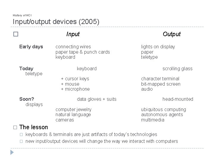 History of HCI Input/output devices (2005) Input � Early days Today teletype Soon? displays