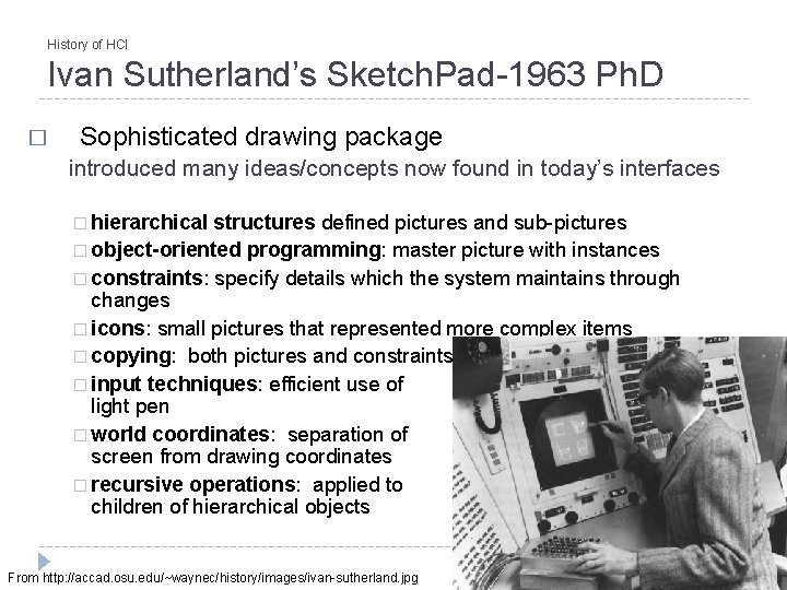 History of HCI Ivan Sutherland’s Sketch. Pad-1963 Ph. D � Sophisticated drawing package introduced