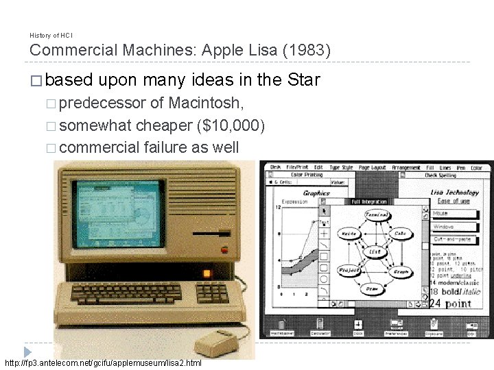 History of HCI Commercial Machines: Apple Lisa (1983) � based upon many ideas in