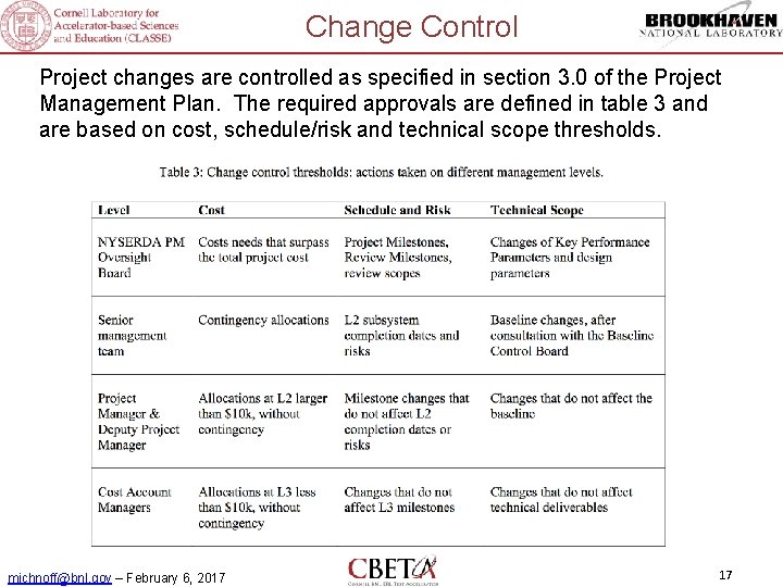 Change Control Project changes are controlled as specified in section 3. 0 of the