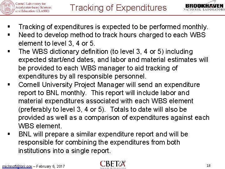 Tracking of Expenditures § § § Tracking of expenditures is expected to be performed