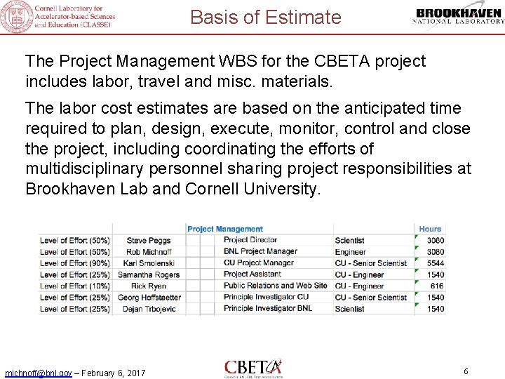 Basis of Estimate The Project Management WBS for the CBETA project includes labor, travel