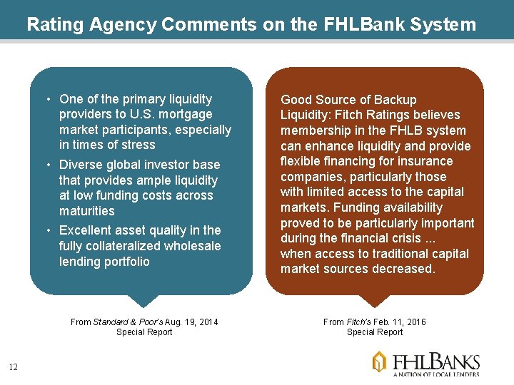 Rating Agency Comments on the FHLBank System • One of the primary liquidity providers