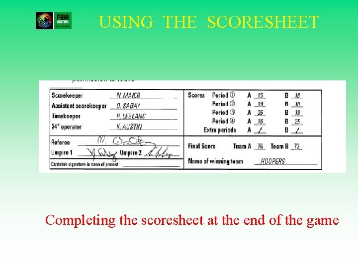 USING THE SCORESHEET Completing the scoresheet at the end of the game 