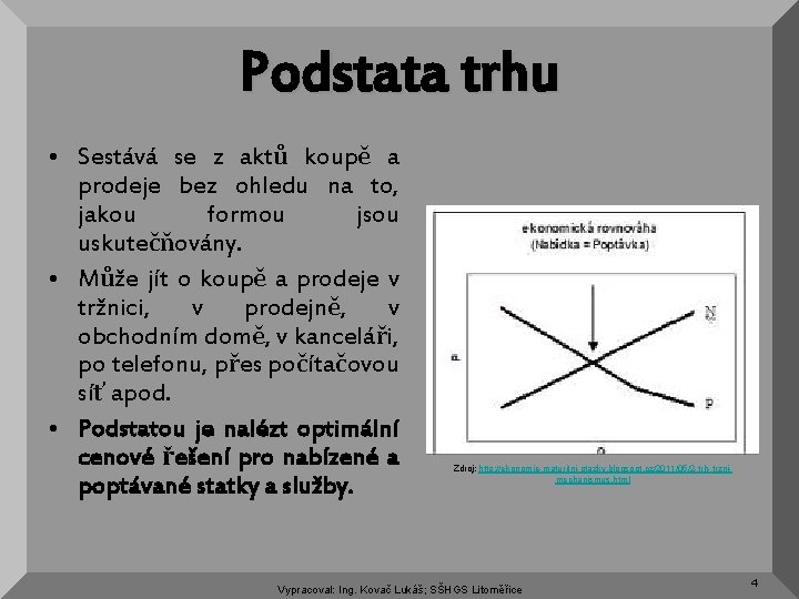 Podstata trhu • Sestává se z aktů koupě a prodeje bez ohledu na to,