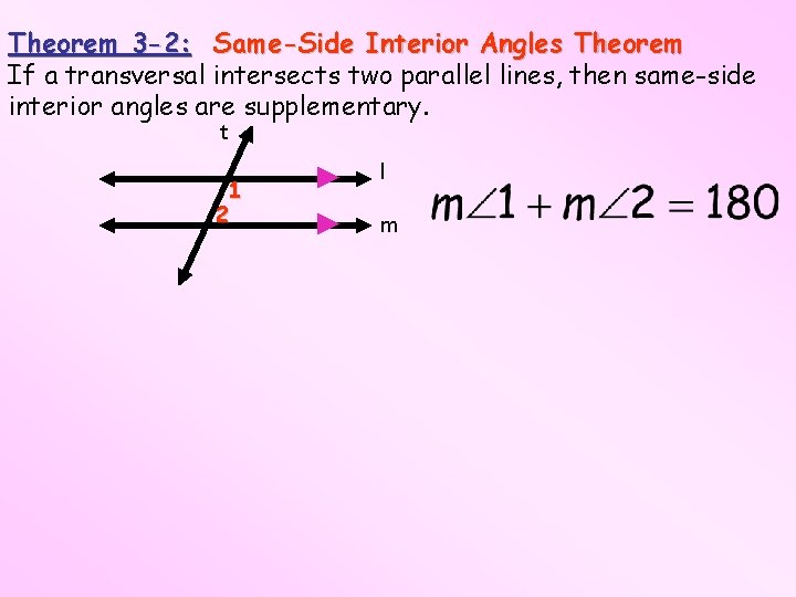 Theorem 3 -2: Same-Side Interior Angles Theorem If a transversal intersects two parallel lines,