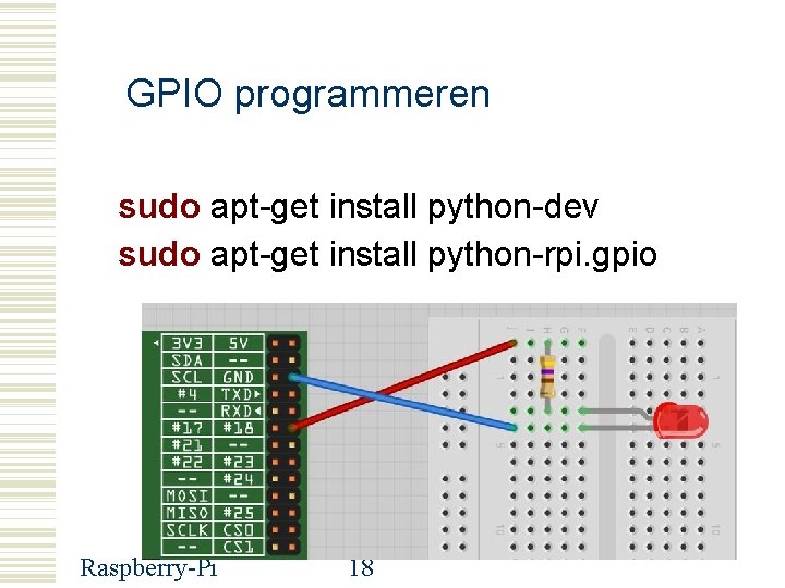 GPIO programmeren sudo apt-get install python-dev sudo apt-get install python-rpi. gpio Raspberry-Pi 18 