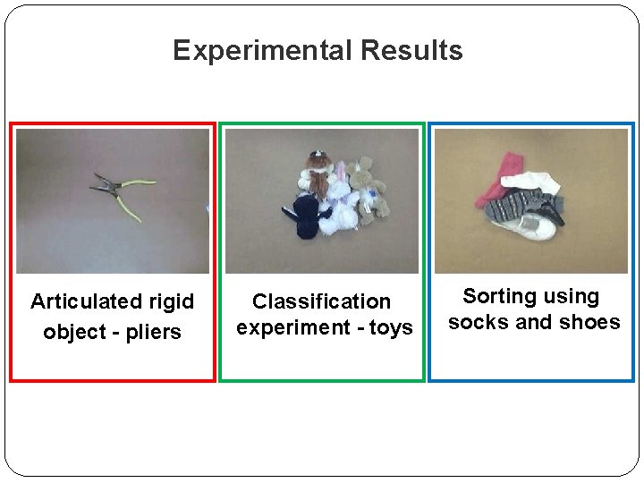 Experimental Results Articulated rigid object - pliers Classification experiment - toys Sorting using socks
