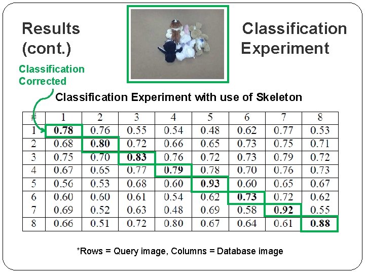 Results (cont. ) Classification Experiment Classification Corrected Classification Experiment with use of Skeleton *Rows