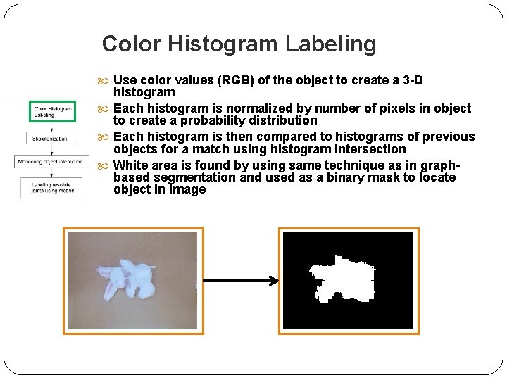 Color Histogram Labeling Use color values (RGB) of the object to create a 3