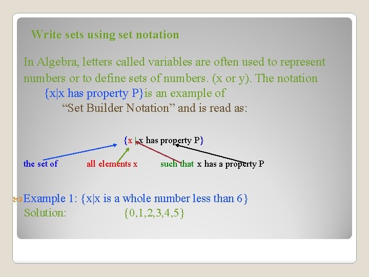 Write sets using set notation In Algebra, letters called variables are often used to