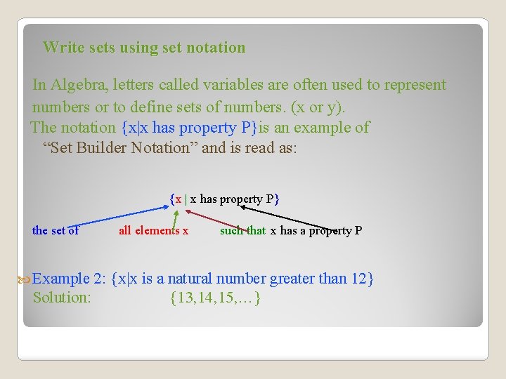 Write sets using set notation In Algebra, letters called variables are often used to