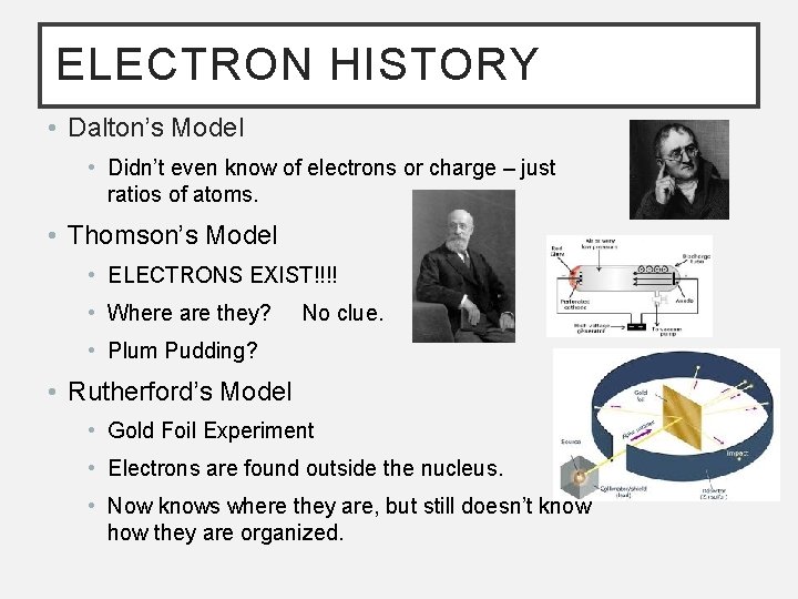 ELECTRON HISTORY • Dalton’s Model • Didn’t even know of electrons or charge –