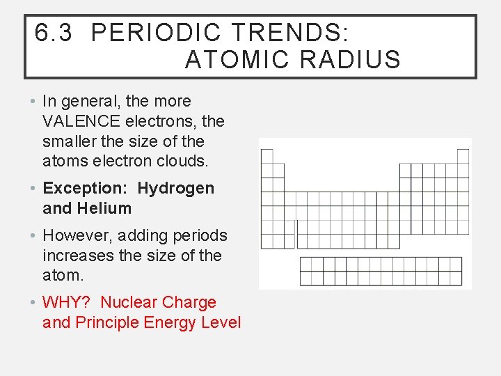 6. 3 PERIODIC TRENDS: ATOMIC RADIUS • In general, the more VALENCE electrons, the
