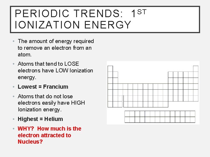 PERIODIC TRENDS: 1 ST IONIZATION ENERGY • The amount of energy required to remove