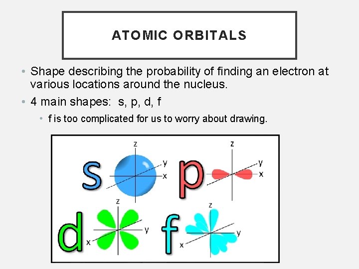 ATOMIC ORBITALS • Shape describing the probability of finding an electron at various locations