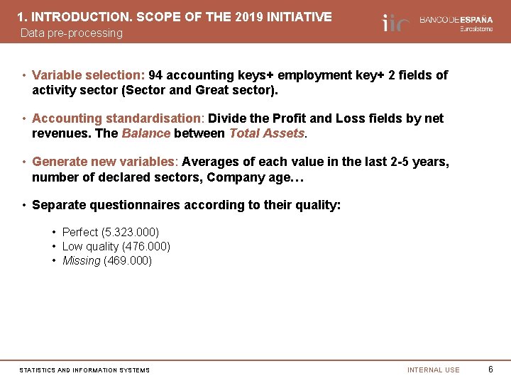 1. INTRODUCTION. SCOPE OF THE 2019 INITIATIVE Data pre-processing • Variable selection: 94 accounting