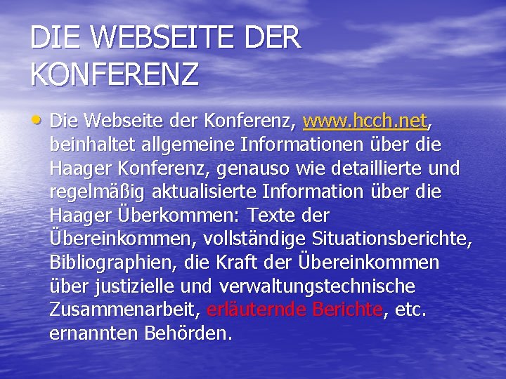 DIE WEBSEITE DER KONFERENZ • Die Webseite der Konferenz, www. hcch. net, beinhaltet allgemeine