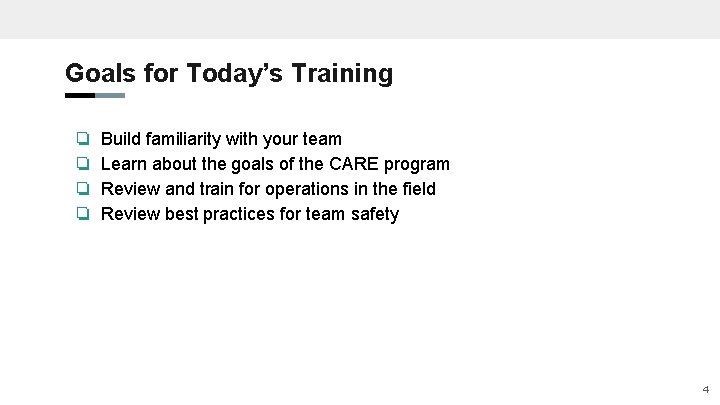 Goals for Today’s Training ❏ ❏ Build familiarity with your team Learn about the