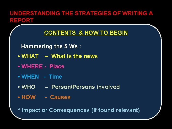 UNDERSTANDING THE STRATEGIES OF WRITING A REPORT CONTENTS & HOW TO BEGIN Hammering the
