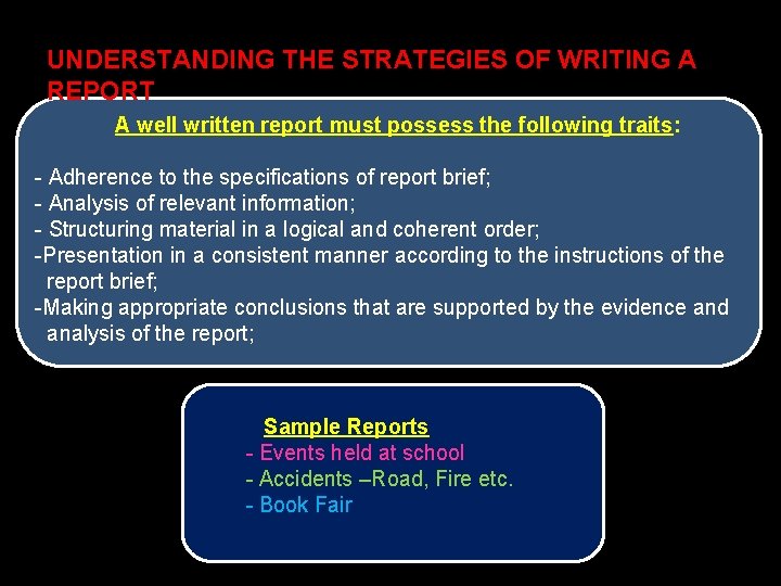 UNDERSTANDING THE STRATEGIES OF WRITING A REPORT A well written report must possess the