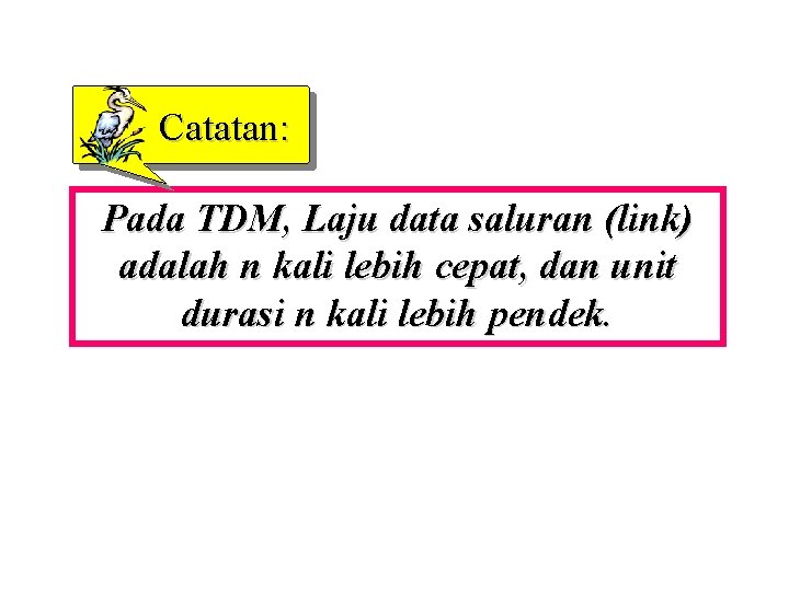 Catatan: Pada TDM, Laju data saluran (link) adalah n kali lebih cepat, dan unit
