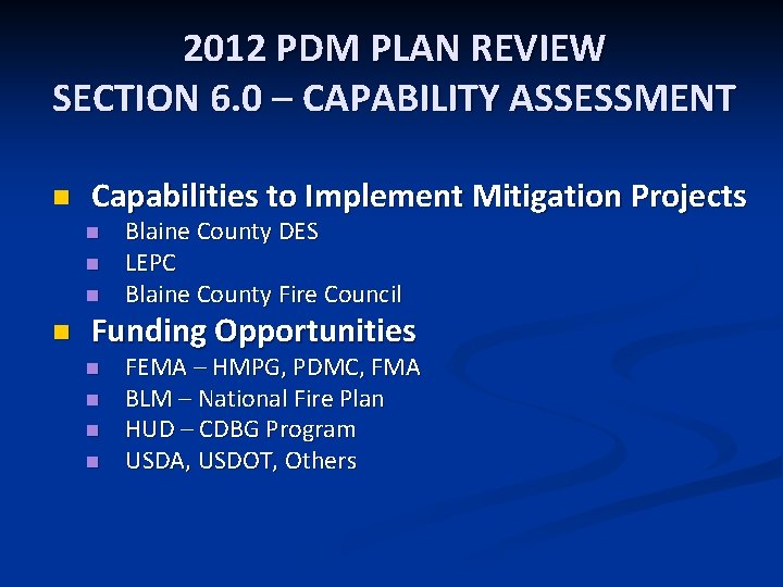 2012 PDM PLAN REVIEW SECTION 6. 0 – CAPABILITY ASSESSMENT n Capabilities to Implement