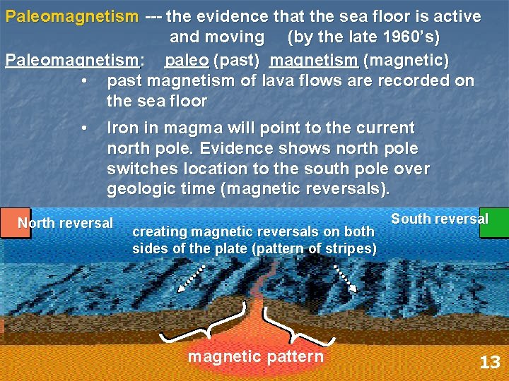 Paleomagnetism --- the evidence that the sea floor is active and moving (by the
