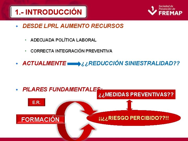 1. - INTRODUCCIÓN w DESDE LPRL AUMENTO RECURSOS • ADECUADA POLÍTICA LABORAL • CORRECTA