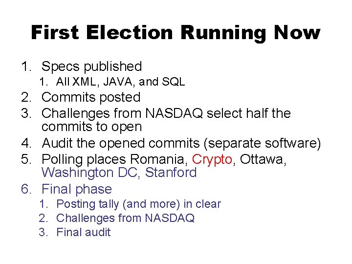 First Election Running Now 1. Specs published 1. All XML, JAVA, and SQL 2.
