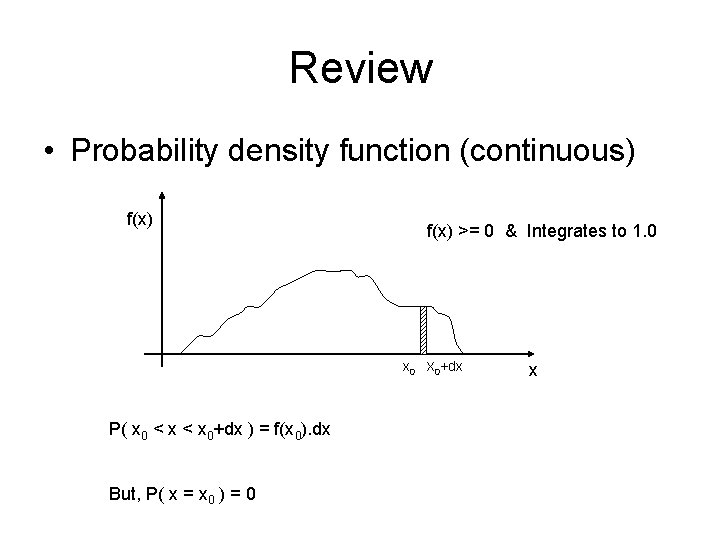 Review • Probability density function (continuous) f(x) >= 0 & Integrates to 1. 0