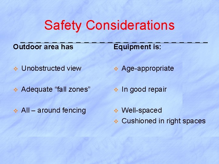 Safety Considerations Outdoor area has Equipment is: v Unobstructed view v Age-appropriate v Adequate