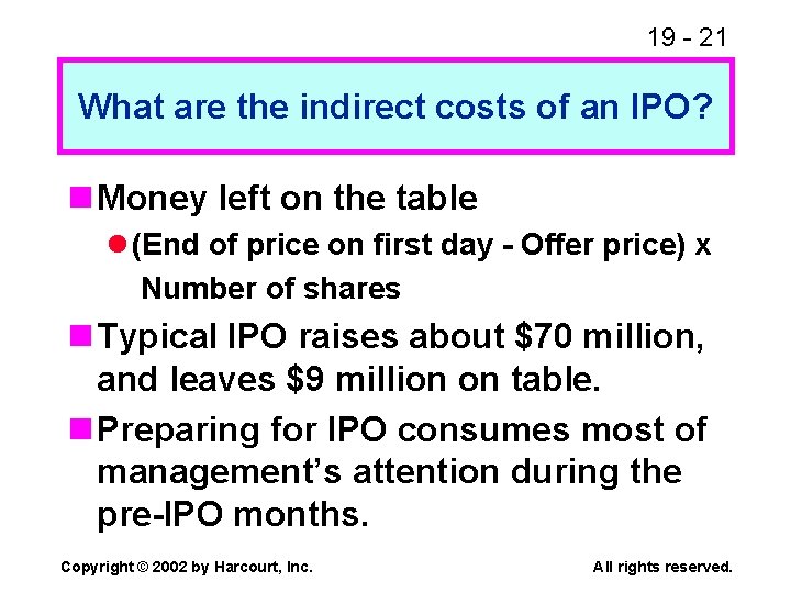 19 - 21 What are the indirect costs of an IPO? n Money left
