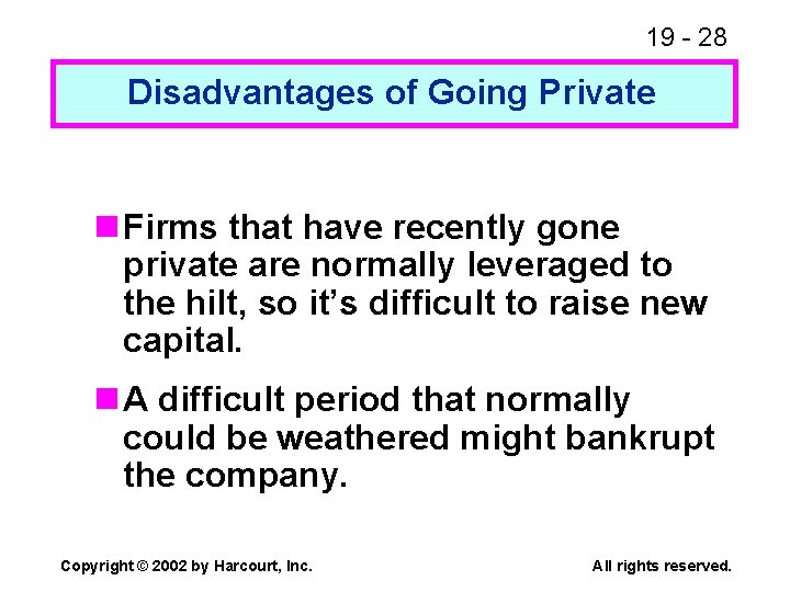 19 - 28 Disadvantages of Going Private n Firms that have recently gone private
