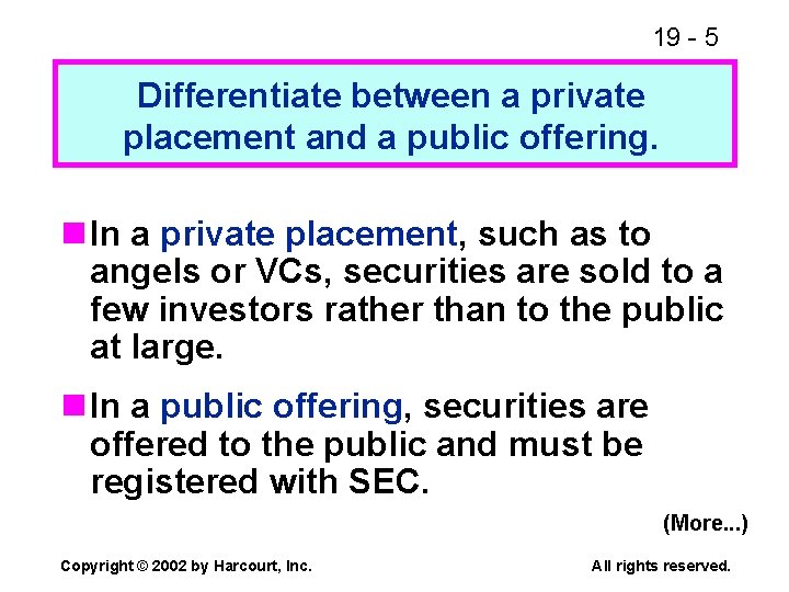 19 - 5 Differentiate between a private placement and a public offering. n In