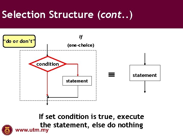 Selection Structure (cont. . ) If “do or don’t” (one-choice) condition TRUE FALSE statement