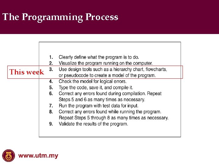 The Programming Process This week 