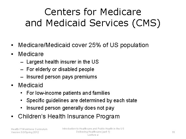 Centers for Medicare and Medicaid Services (CMS) • Medicare/Medicaid cover 25% of US population