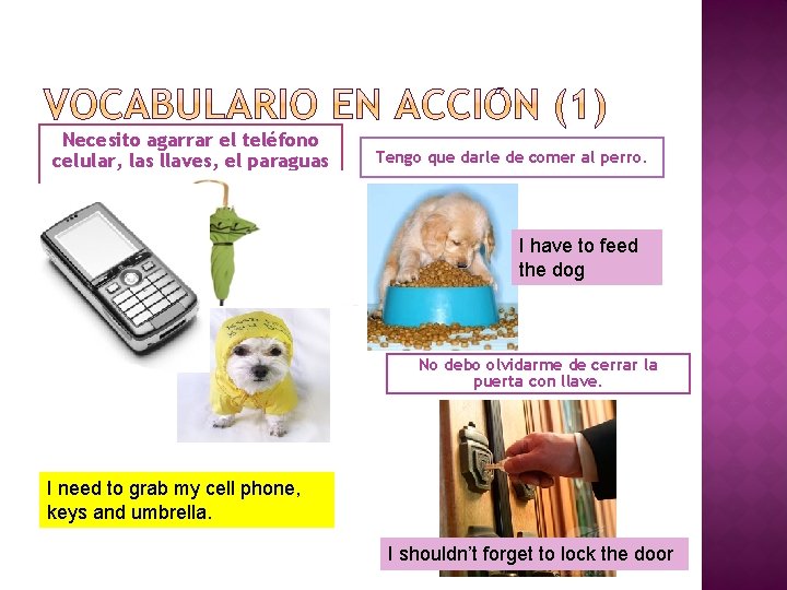 Necesito agarrar el teléfono celular, las llaves, el paraguas y el impermeable. Tengo que