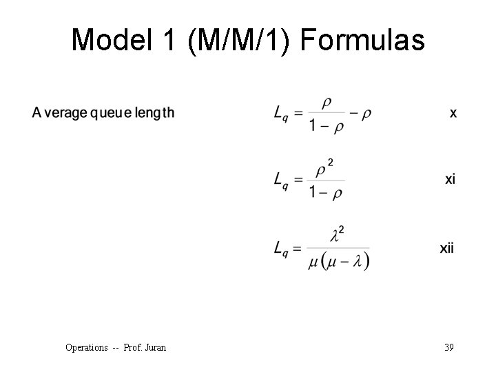 Model 1 (M/M/1) Formulas Operations -- Prof. Juran 39 